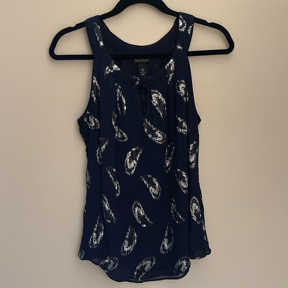 White House Black Market, small silk, elegant shimmering blouse in navy blue